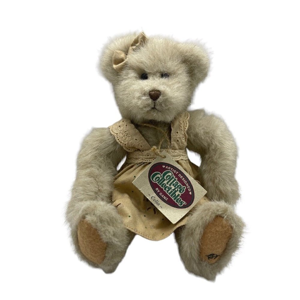 1998 Ganz Cottage Collectibles Celia CC1212 Beige Bear Wearing Dress & Hair Bow